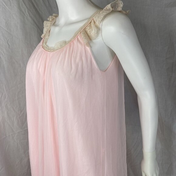 VTG PEIGNOIR SET ROBE GOWN INTIME DOUBLE CHIFFON NYLON Négligée Pink Cream Lace - Picture 16 of 16